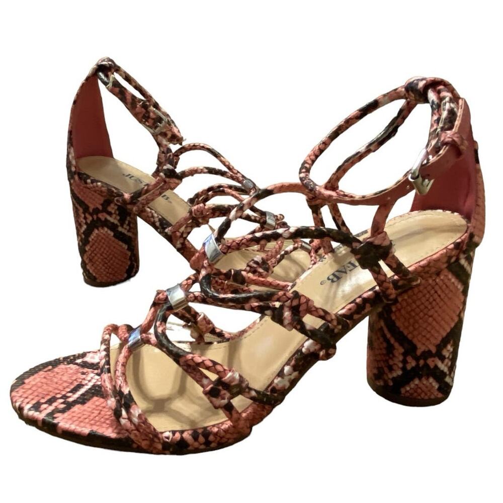 Just Fab All Eyes On Me Strap 2" Sandals Sz 8 Pink Gray Animal Print Block Heel